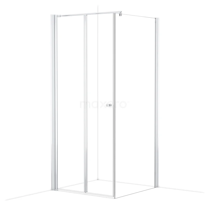 Shower enclosure corner entry, transparent glass, sleek aluminium frame, space-saving design for modern bathrooms.