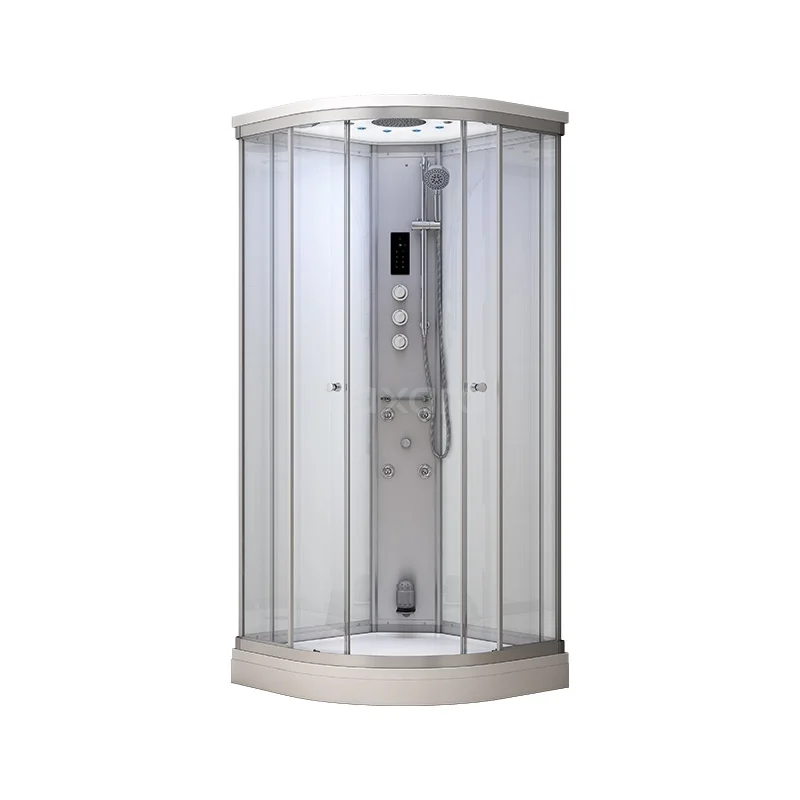 Modera Einpersonen-Dampfkabine | 90x90 cm Weiß Glas Schiebetür Viertelrunde AK0909-520100N Eck-Duschkabine mit gebogenen Glaspanelen, Aluminiumprofilen und integrierter Regendusche für moderne Bäder.