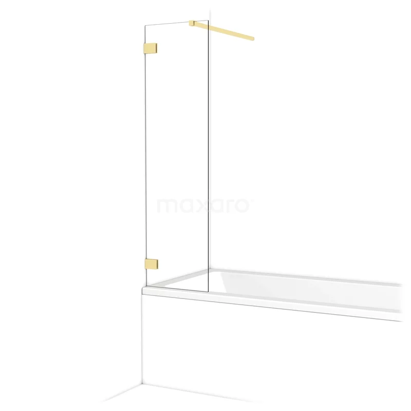 Transparante glazen badwand met gouden scharnieren, geschikt voor moderne badkamers. Elegante vormgeving en stevig materiaal.