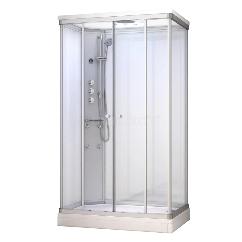 Komplettes Duschkabinen-Set 140x90cm Weiß Modera Wassermassage LED-Beleuchtung AK1409-420101 Stilvolle Duschkabine mit gläsernen Wänden, Aluminiumrahmen und praktischer Hydromassagefunktion für ein luxuriöses Badezimmererlebnis.