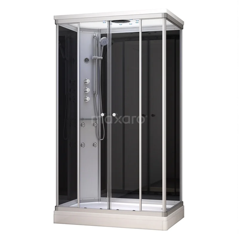 Komplettes Duschkabinen-Set 140x90cm Schwarz Modera Wassermassage LED-Beleuchtung AK1409-421101 Moderne Duschkabine mit Schwarz Glas, silberner Umrandung und integrierter Regendusche, perfekt für ein luxuriöses Badezimmer.