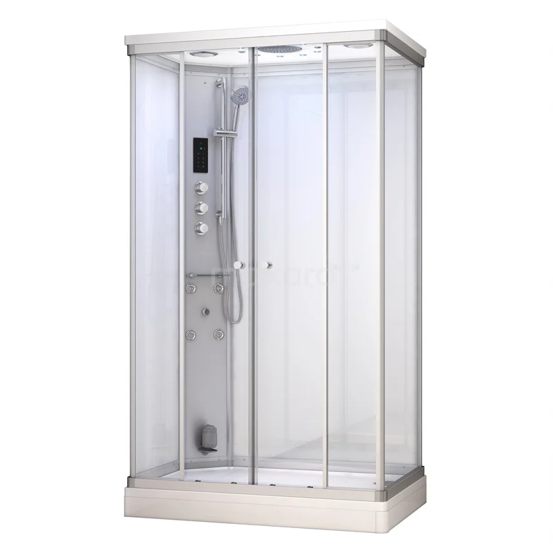 Modera 2 Person Steam Cabin | 140x90 cm White glass Sliding door Rectangle AK1409-520101N Luxury corner shower cabin with glass sliding doors, aluminium profiles and built-in rain shower; ideal for a modern bathroom.