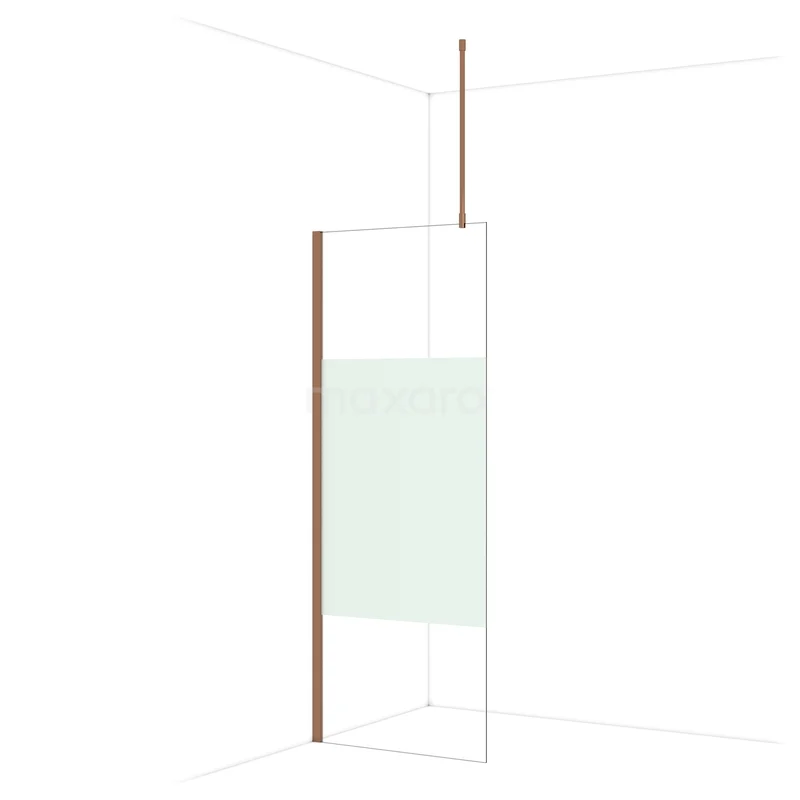 Strakke glazen douchewand met matwitte strip en rosegouden accenten, ideaal voor een moderne badkamerstijl.