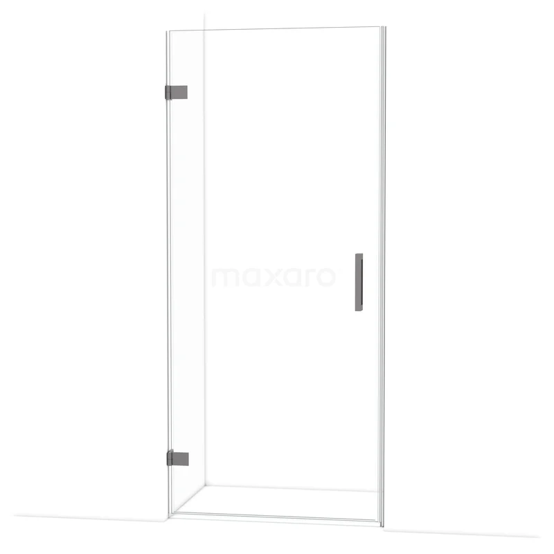 Diamond Douchedeur | 90 cm Zwart metaal Helder glas Draaideur DDA2109120ZM Heldere glazen douchedeur met scharnieren en zilveren handgreep, perfect voor een moderne badkamer.