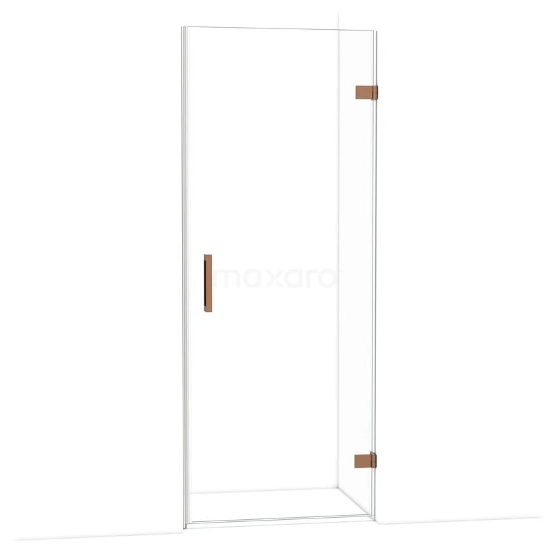 Douchedeur van helder glas met koperen handgreep en scharnieren, moderne stijl, perfect voor een stijlvolle badkamer.