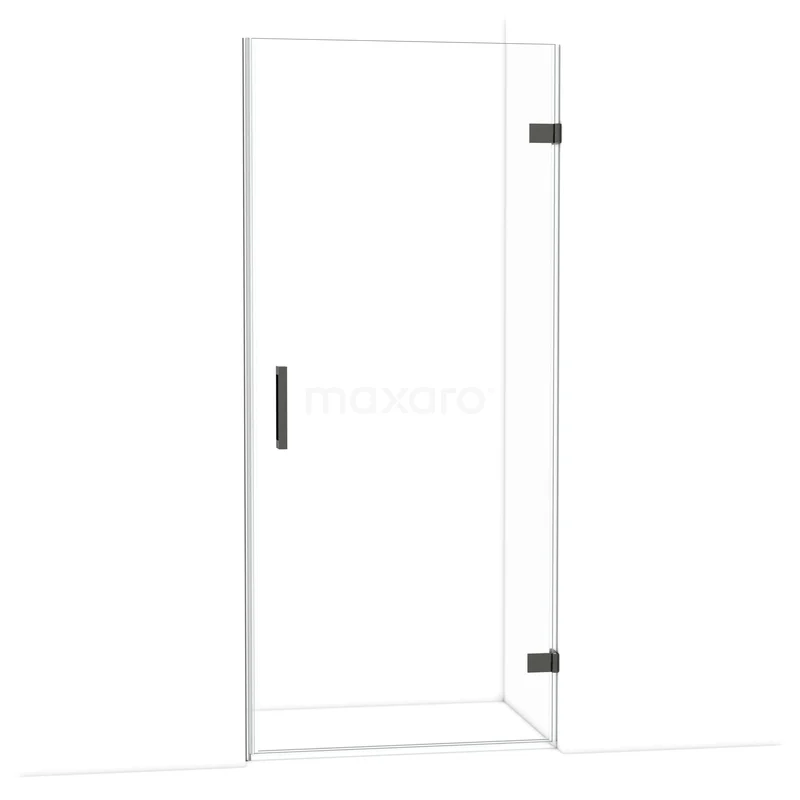 Glazen douchedeur met scharnieren, heldere afwerking, rechthoekig ontwerp en strak zwart handvat, ideaal voor een moderne badkamer.