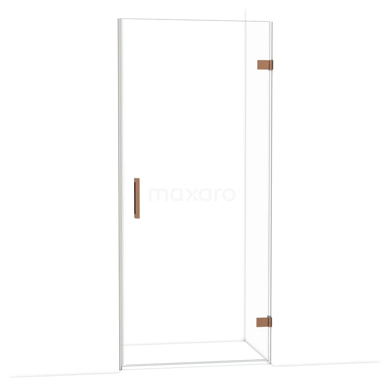 Diamond Shower door | 90 cm Glanzend koper Clear glass Pivot door DDA2209120GKP Douchewand met transparant glas, goudkleurige scharnieren en handgreep, minimalistisch design voor moderne badkamers.