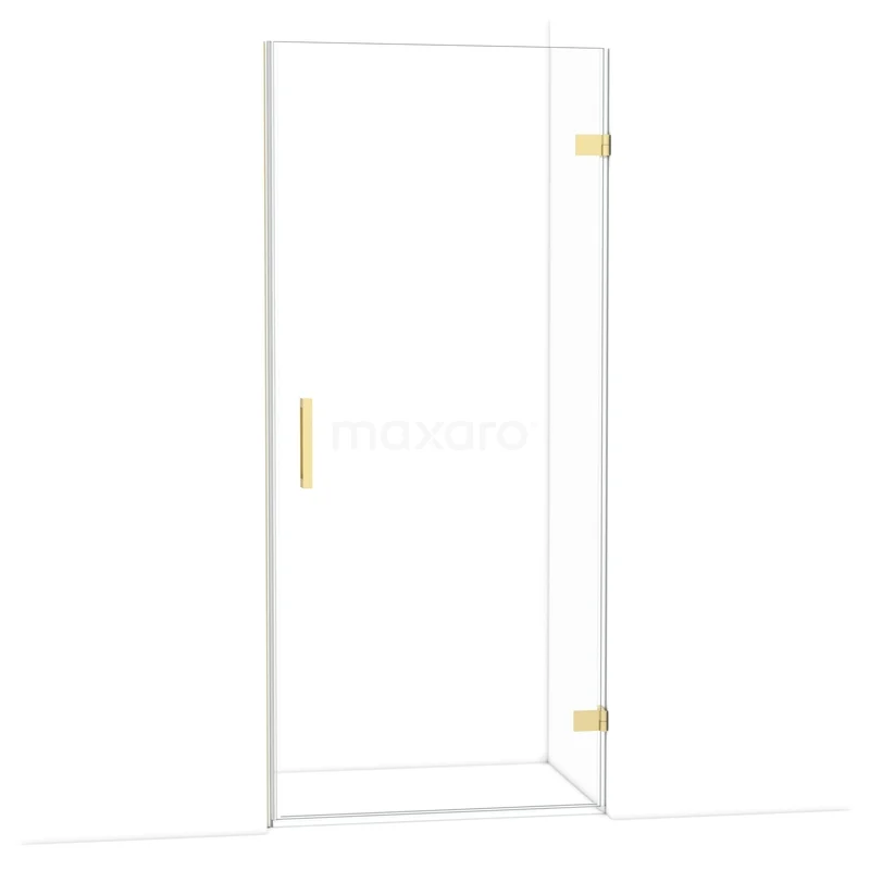 Diamond Douchedeur | 90 cm Glanzend lichtgoud Helder glas Draaideur DDA2209120GLG Glazen douchedeur met goudkleurige scharnieren en handgreep, strak design, ideaal voor moderne badkamers.