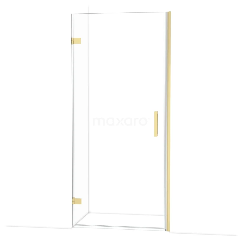 Glazen douchedeur met messing scharnieren en handgreep, modern ontwerp, perfect voor een elegante badkamerstijl.