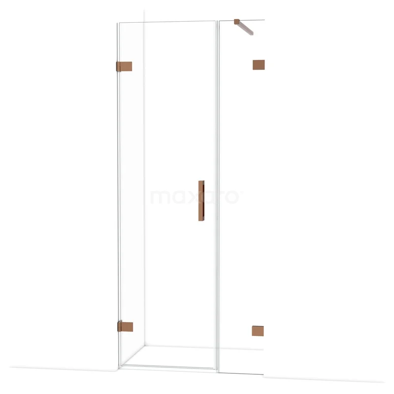 Diamond Shower door | 85 cm Shiny copper Clear glass Pivot door DDC210603120GKP Douchedeur van helder glas met messing scharnieren en handgreep, strak design voor een moderne badkamer.