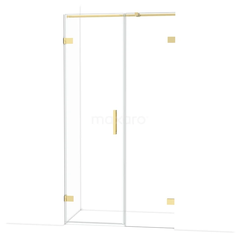 Glazen douchedeur met goudkleurige metalen details, strak design en geschikt voor moderne badkamers.