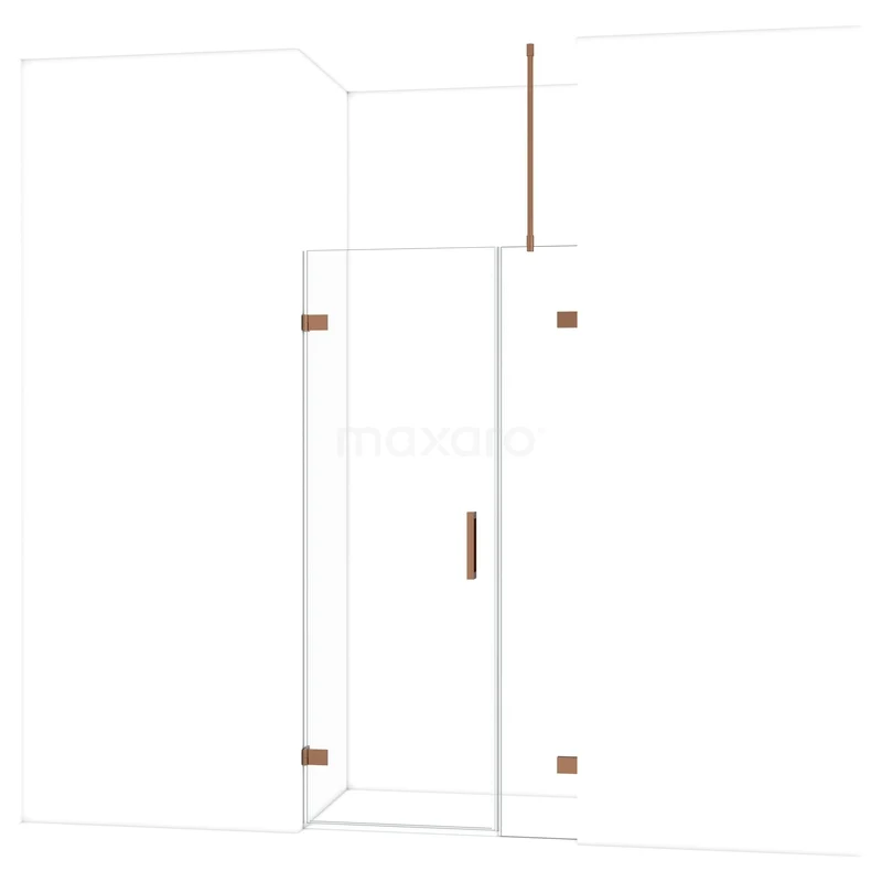 Douchewand met nisdeur, helder glas, roestvrijstalen scharnieren in koperkleur, ideaal voor moderne badkamerinrichting.