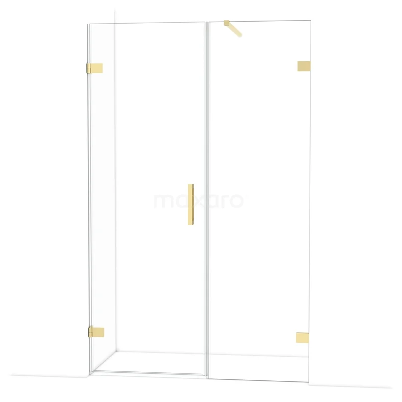 Glazen douchewand met goudkleurige accenten, minimalistisch design, ideaal voor een moderne badkamer.