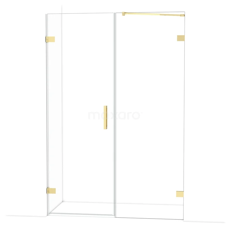 Glazen douchedeur met goudkleurige scharnieren en handvat, moderne stijl voor stijlvolle badkamerinrichting.