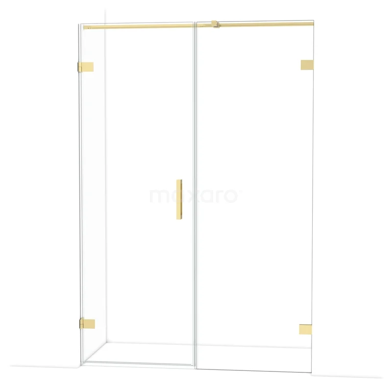 Glazen douchedeur met gouden scharnieren en handgreep, minimalistisch design, perfect voor een luxe badkamerstijl.