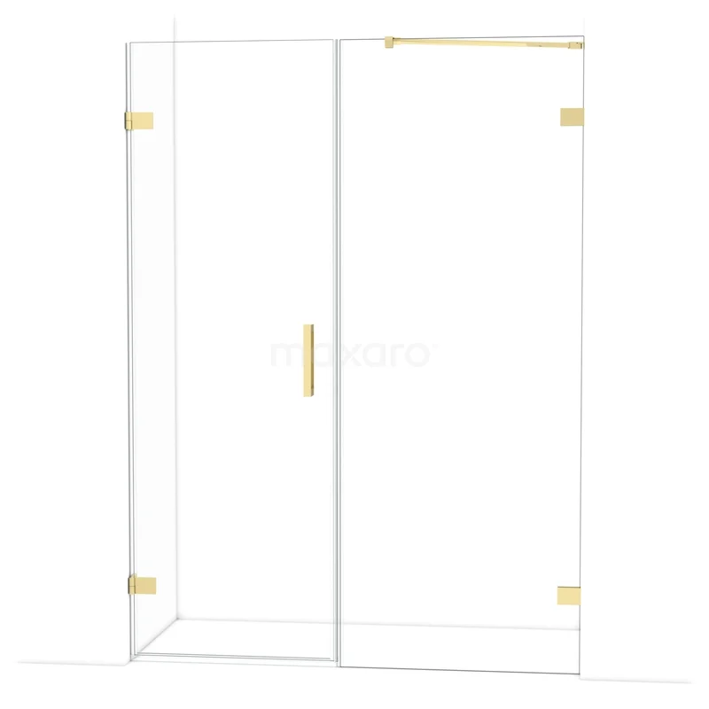 Diamond Shower door | 145 cm Glossy light gold Clear glass Pivot door DDC210708220GLG Shower cabin with glass walls, gold-coloured hinges and handle, luxury design for a modern bathroom.