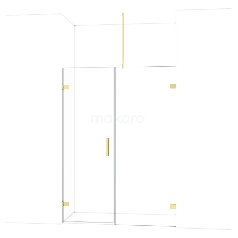 Douchewand met deur, helder glas, goudkleurige afwerking, ideaal voor moderne badkamers, luxe design.