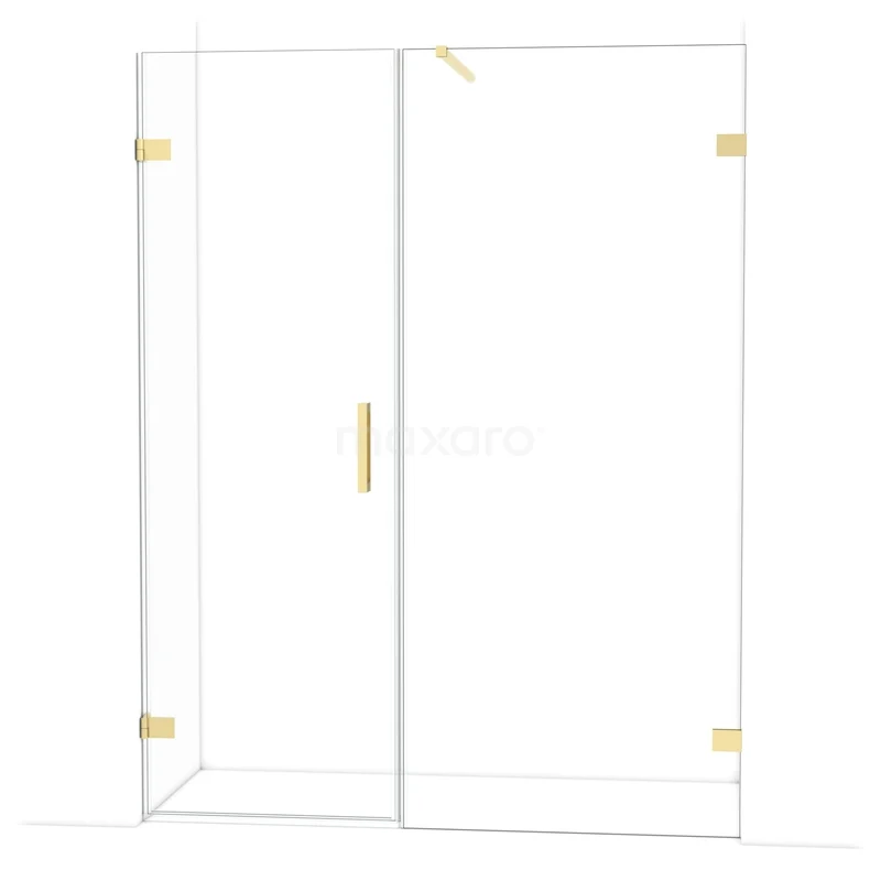 Diamond Shower door | 155 cm Glossy light gold Clear glass Pivot door DDC210709120GLG Glazen douchewand met gouden scharnieren en handgreep, strak design, ideaal voor een moderne badkamerinrichting.