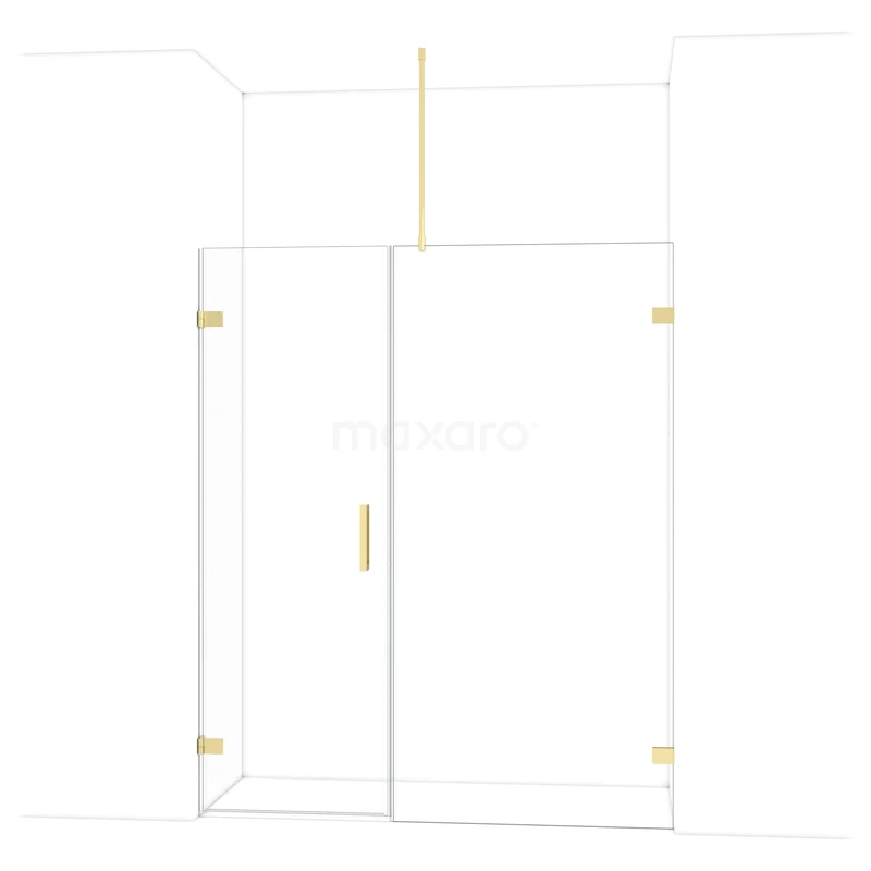 Glazen douchewand met gouden accenten, minimalistisch ontwerp, ideaal voor een moderne badkamer.
