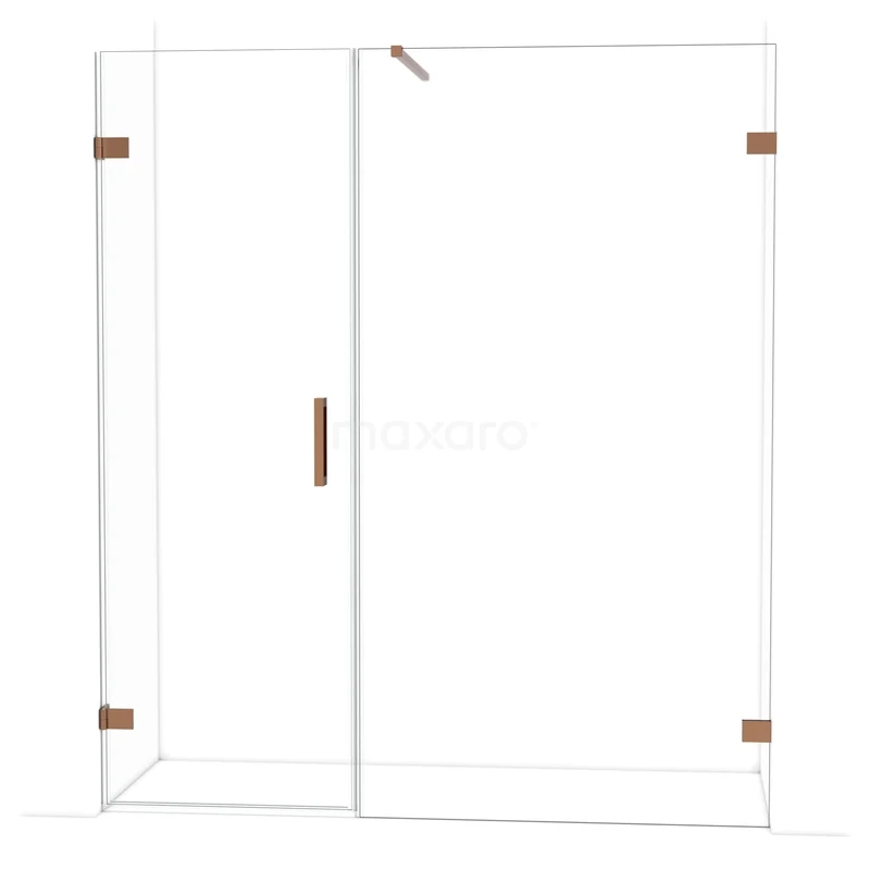 Glazen douchecabine met koperen details, strak design en minimalistische look, ideaal voor een moderne badkamer.