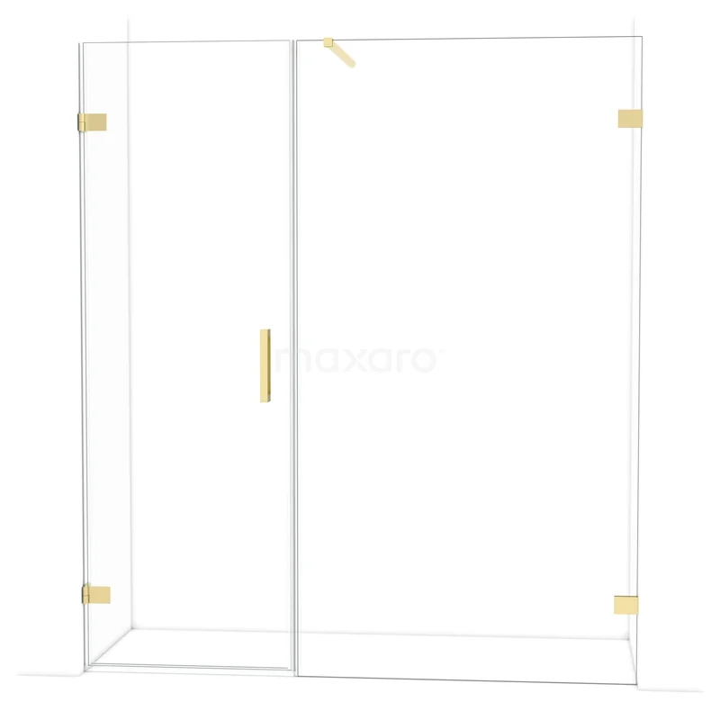 Douchewand glas met gouden scharnieren, minimalistisch design, ideaal voor moderne badkamers.