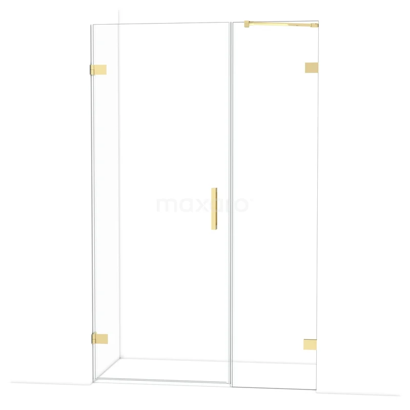 Diamond Shower door | 125 cm Glossy light gold Clear glass Pivot door DDC210805220GLG Glazen douchedeur met goudkleurige handgreep en scharnieren, modern design, perfect voor een stijlvolle badkamer.