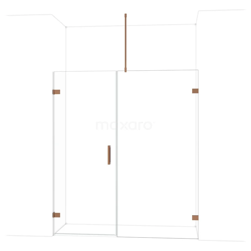 Glazen douchedeur met scharnieren en handgreep in roségoud, modern design, ideaal voor stijlvolle badkamers.