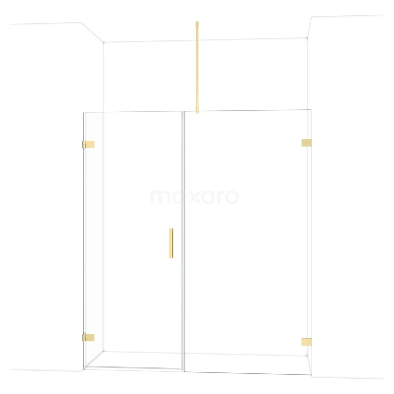 Douchewand met gouden details, volledig glazen schuifdeur, strak design, ideaal voor een moderne badkamer.