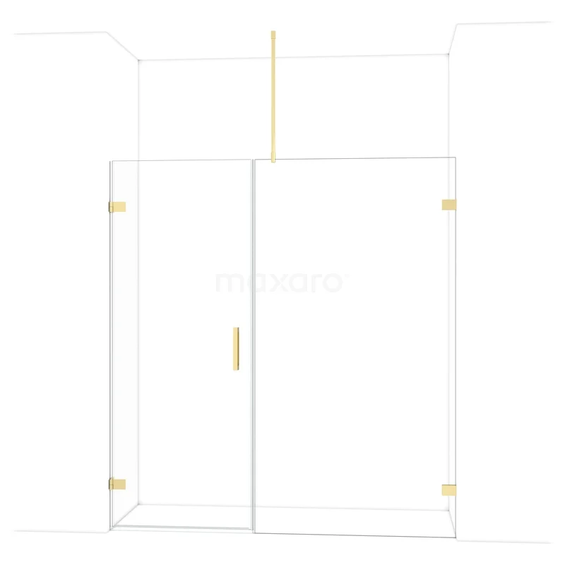 Diamond Shower door | 185 cm Glossy light gold Clear glass Pivot door DDC210811720GLG Douchewand met gouden accenten, frameloos design, transparant glas en zijpanelen, ideaal voor een moderne badkamerstijl.