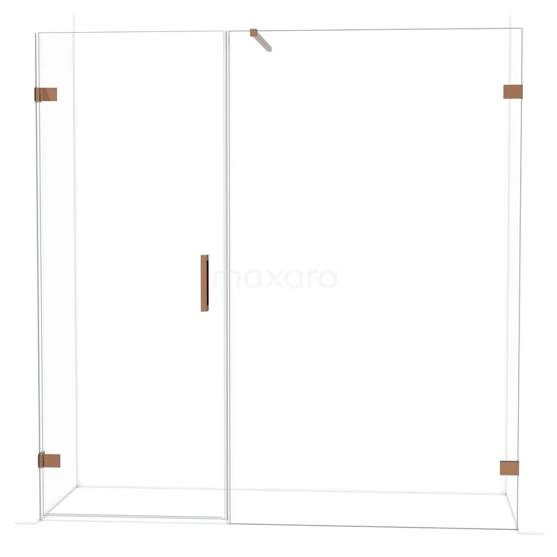 Diamond Shower door | 195 cm Shiny copper Clear glass Pivot door DDC210812120GKP Glazen douchewand met hoekinstap, heldere panelen en koperkleurige accenten, ideaal voor een stijlvolle badkamerinrichting.