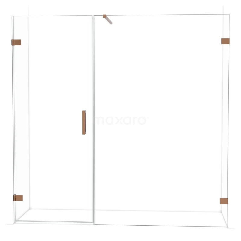 Douchecabine met glazen wanden, koperkleurige accenten en schuifdeur. Moderne uitstraling voor elke badkamer.