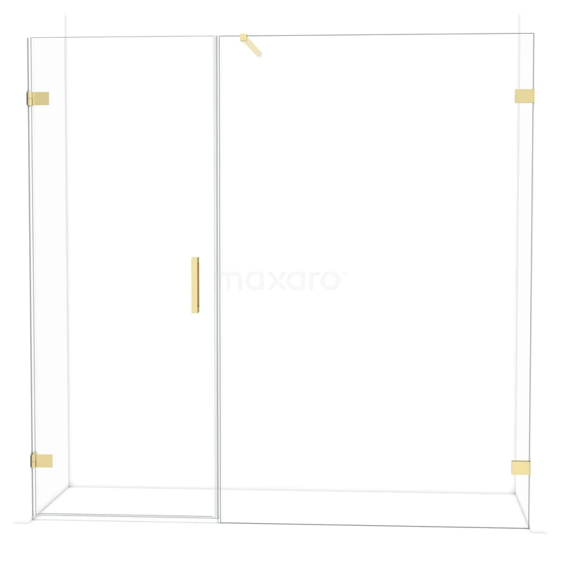 Douchecabine met gouden accenten, glazen schuifdeur en minimalistisch design; een stijlvolle eyecatcher voor elke badkamer.