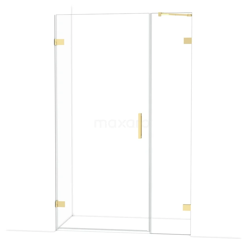 Glazen douchedeur met gouden handgreep en scharnieren, modern design, geschikt voor elegante badkamerinrichting.