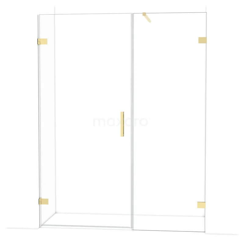 Douchewand met gouden accenten, helder glas en minimalistisch design, ideaal voor een moderne badkamerstijl.