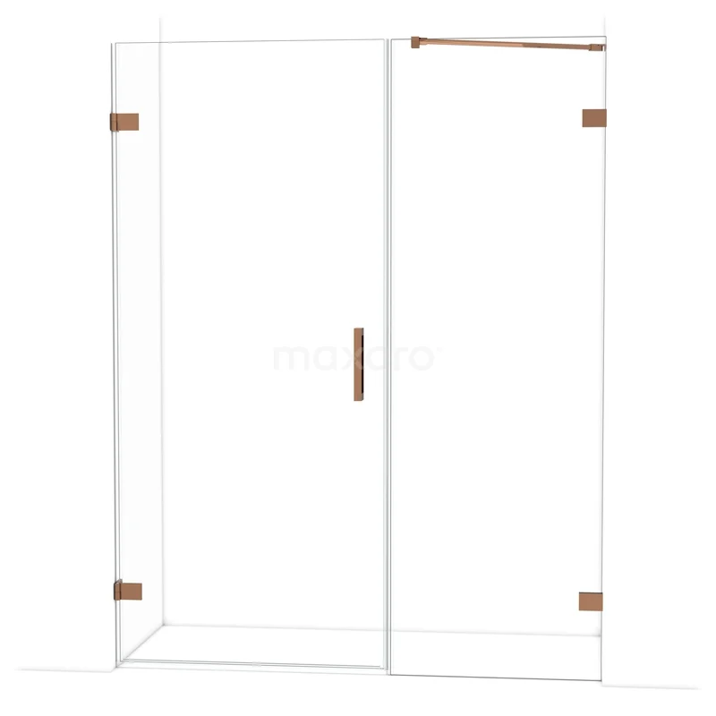 Glazen douchewand met deur, messing scharnieren en handgreep, strak design, ideaal voor een stijlvolle badkamer.