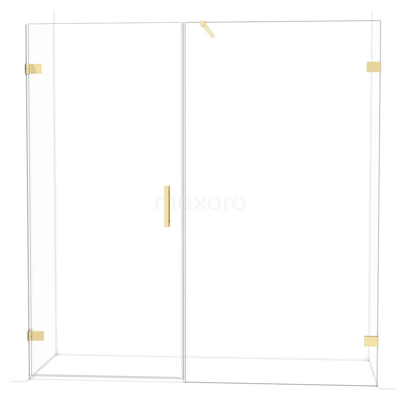 Glazen douchewand met goudkleurige accenten, moderne badkamerstijl, elegant schuifdeursysteem.