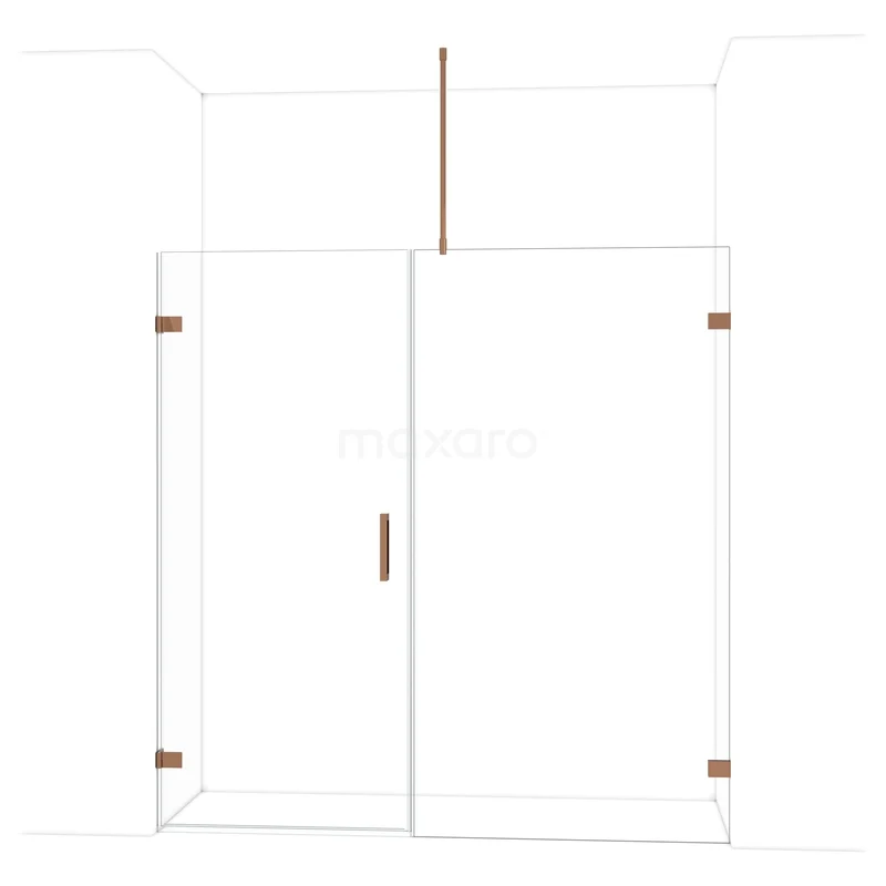 Douchewand van transparant glas met roségouden accenten, luxe design, perfect voor een moderne badkamer.