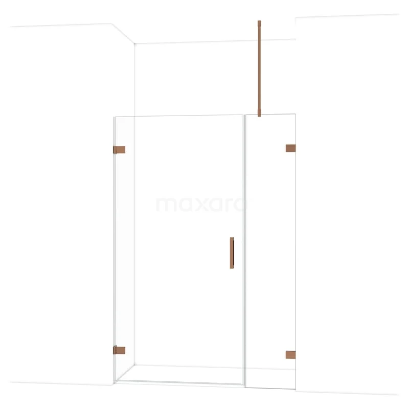 Strakke glazen douchedeur met matte afwerking en roségouden scharnieren, ideaal voor een moderne badkamerstijl.