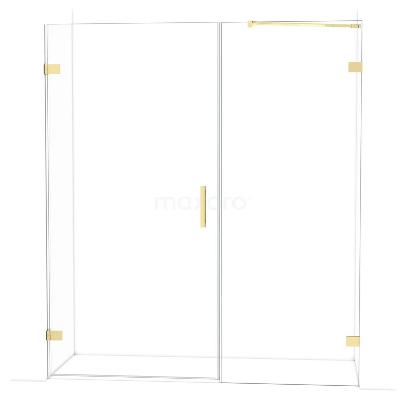 Glazen douchewand met goudkleurige accenten, modern design, geschikt voor luxe badkamerinterieurs.
