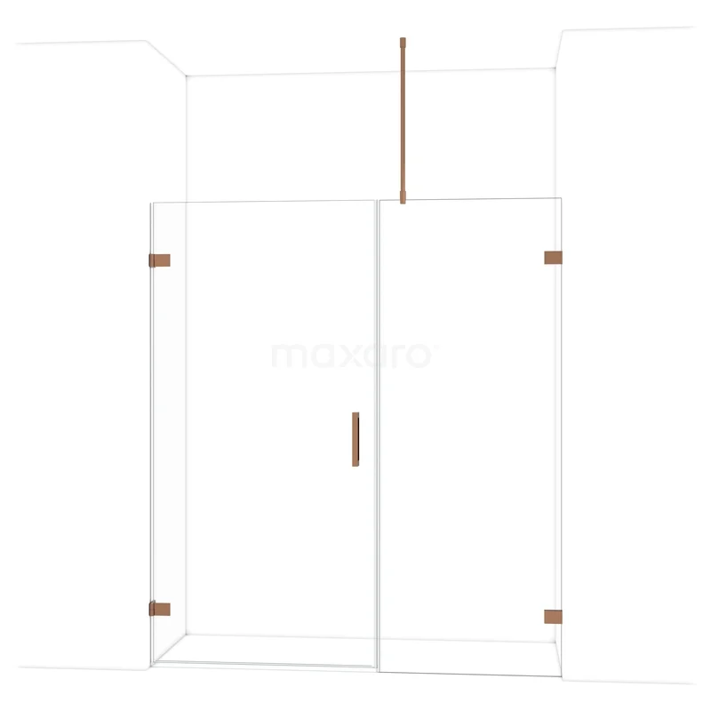 Douchecabine met glazen wanden, roestvrijstalen accenten en koperkleurige scharnieren, ideaal voor een moderne badkamer.