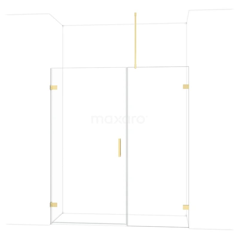 Glazen douchewand met goudkleurige accenten, minimalistisch design, ideaal voor een moderne badkamerinrichting.