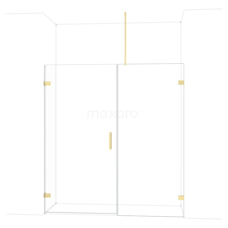 Diamond Shower door | 185 cm Glossy light gold Clear glass Pivot door DDC211009720GLG Glass shower cabin with gold-coloured accents, hinged door and corner design, ideal for a modern bathroom.