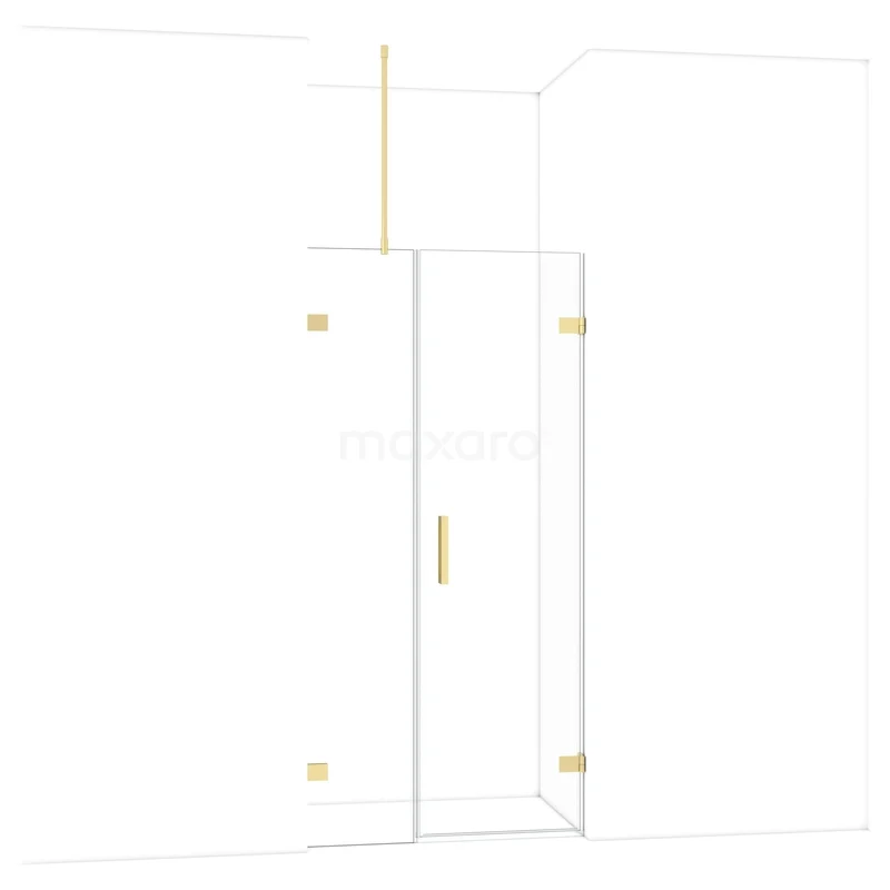 Glazen douchedeur met gouden accenten, minimalistisch design, ideaal voor een luxe badkamer.
