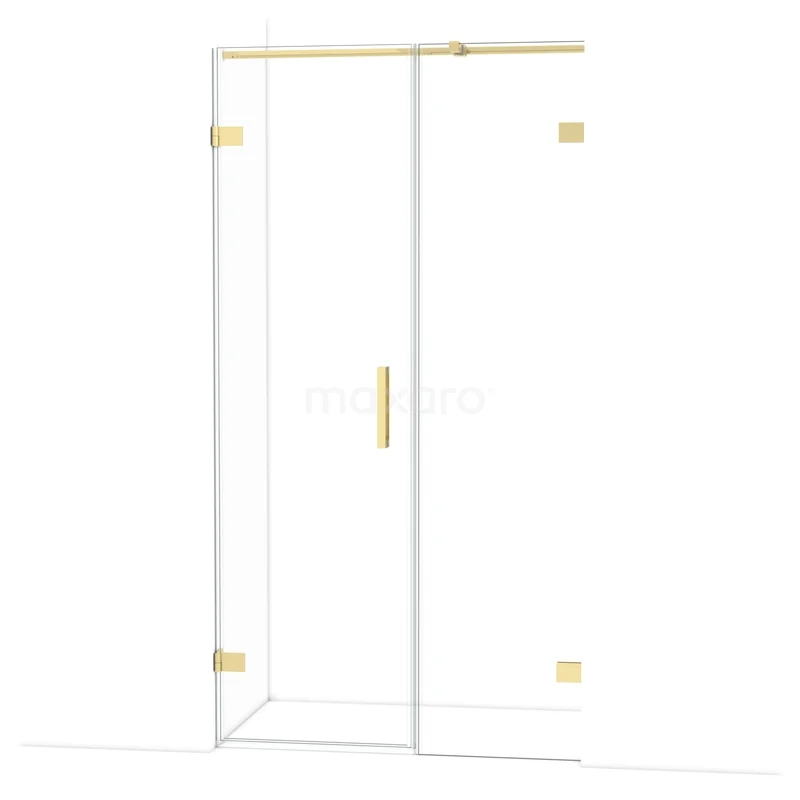 Glazen douchedeur met gouden scharnieren en handgreep, modern design, perfect voor een luxueuze badkamerstijl.