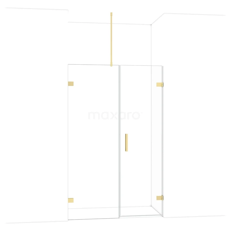 Inloopdouche met helderglas, gouden accenten en strakke lijnen, stijlvol en modern badkamerdesign.