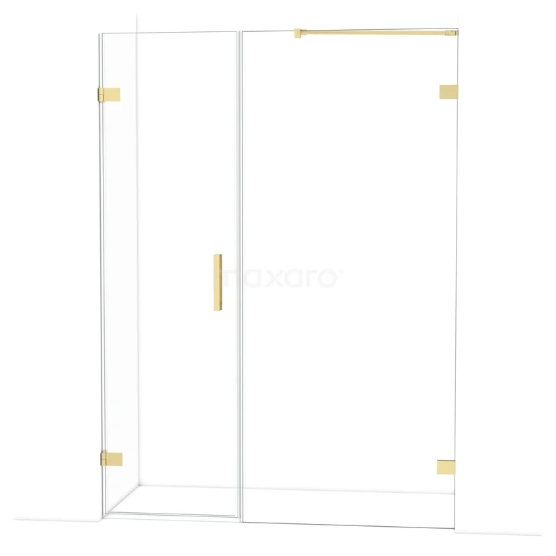 Diamond Shower door | 145 cm Light gold Clear glass Pivot door DDC220609220LG Goudkleurige douchewand met deur van helder glas en messing accenten, perfect voor een moderne badkamerinrichting.