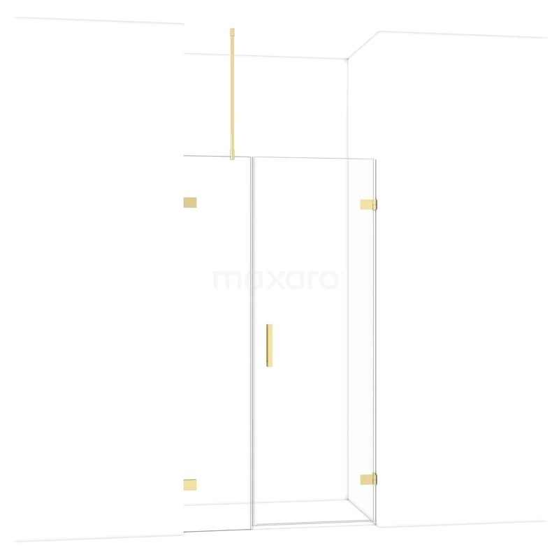 Glazen douchecabine met gouden accenten, hoekmodel met rechte lijnen, ideaal voor een moderne badkamer.