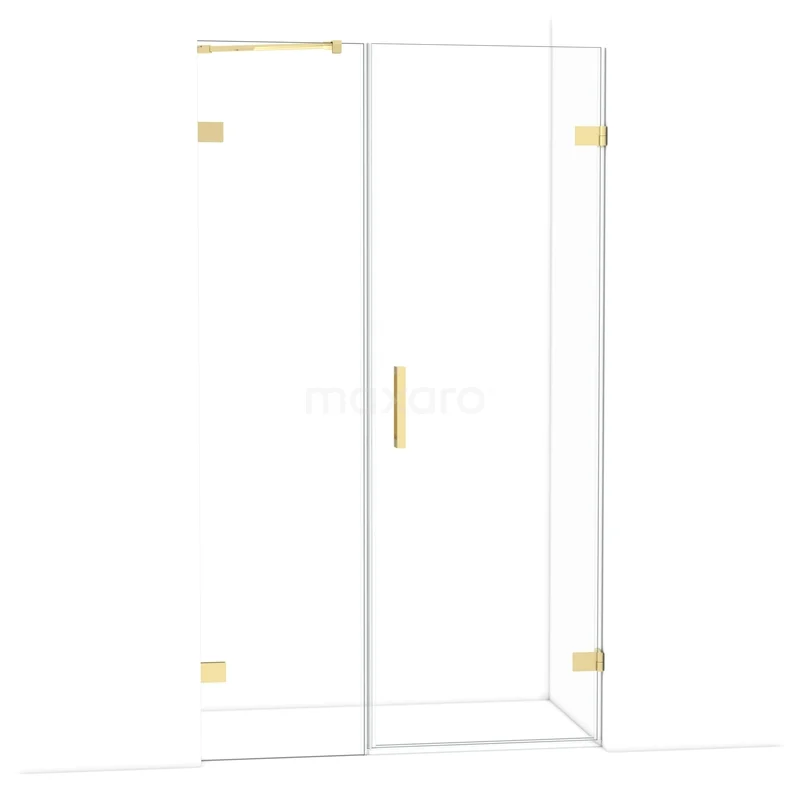 Glazen douchecabine met gouden accenten, modern ontwerp, ideaal voor een luxe badkamerervaring.