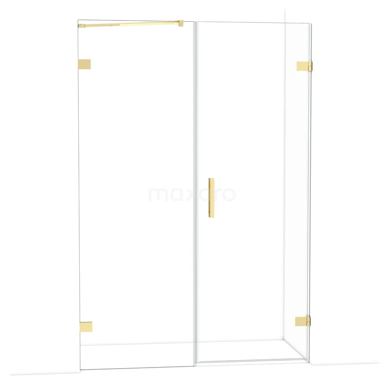 Heldere glazen douchedeur met goudkleurige scharnieren en handgreep, modern design voor luxe badkamer.