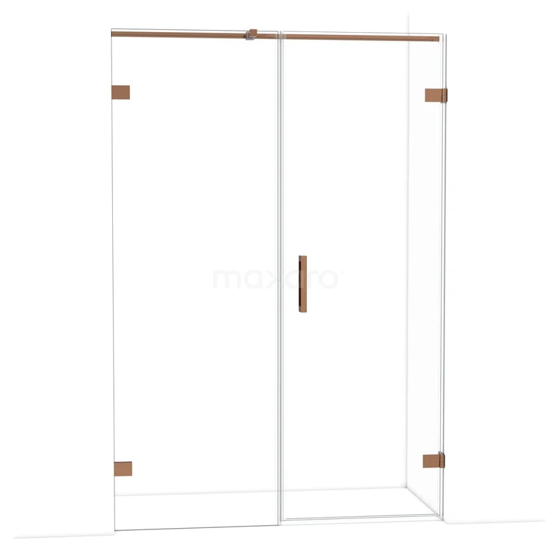 Glazen douchedeur met gouden accenten, schuifmechanisme en strak design, ideaal voor moderne badkamers.